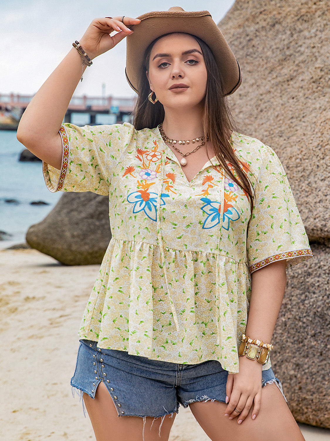Plus Size Printed Tie Neck Half Sleeve Blouse 