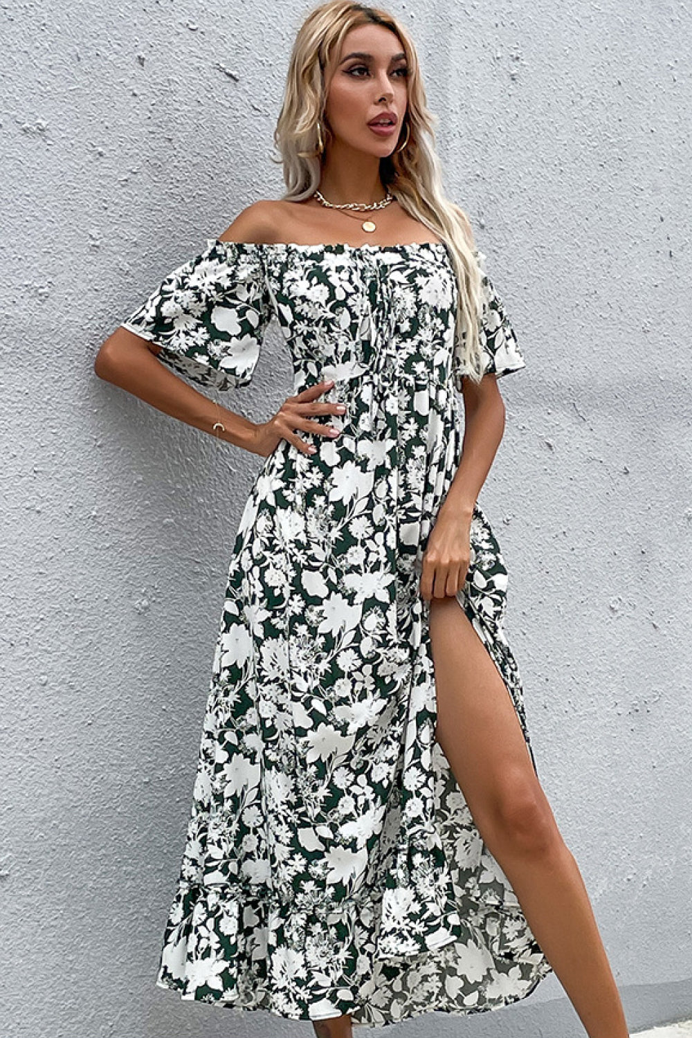 Perfee Floral Slit Off-Shoulder Midi Dress 