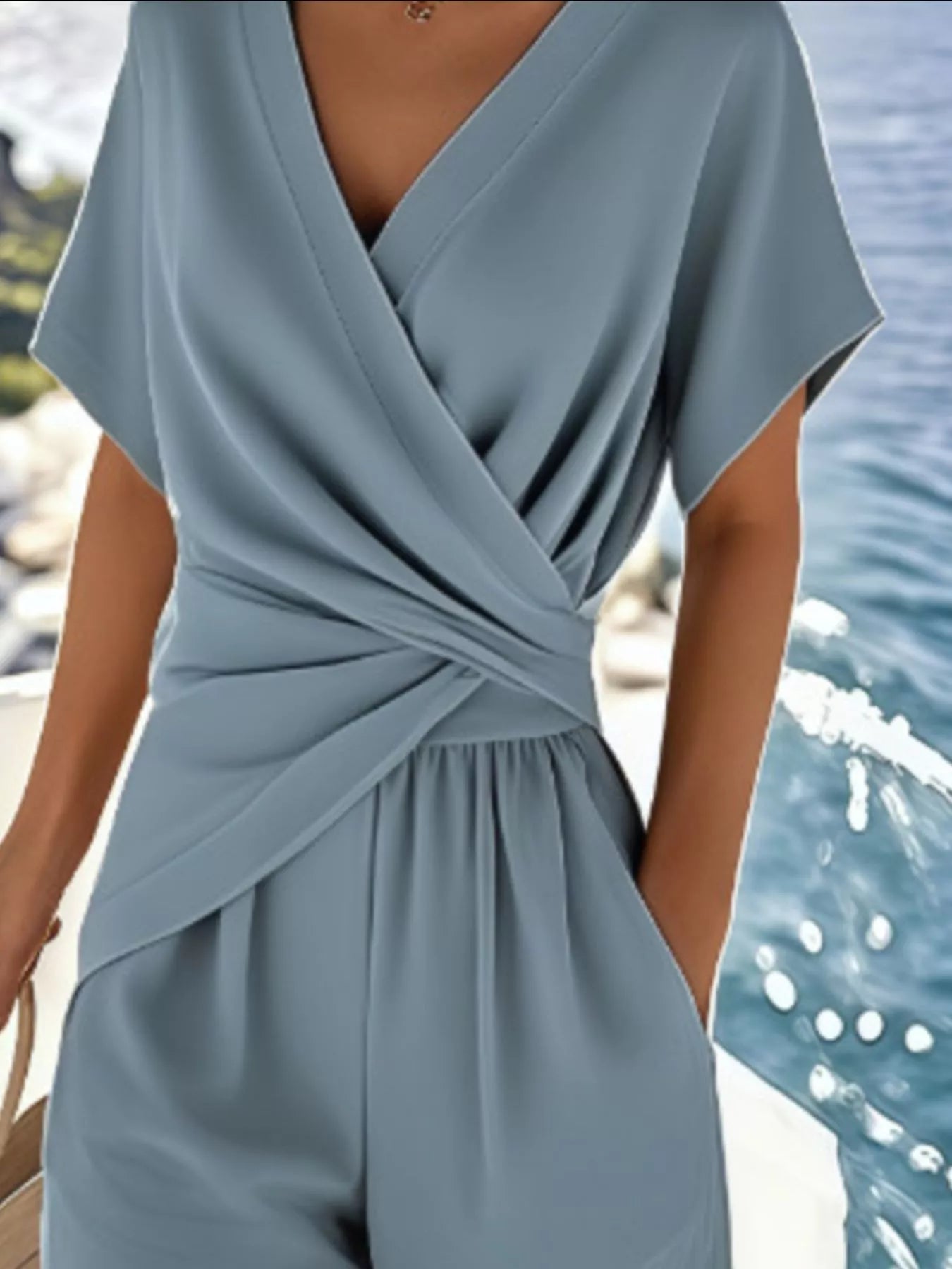 Full Size Surplice Short Sleeve Top and Pants Set Plus Size 