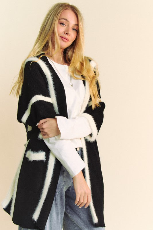 Davi & Dani Fuzzy Trim Open Front Loose Fit Cardigan 