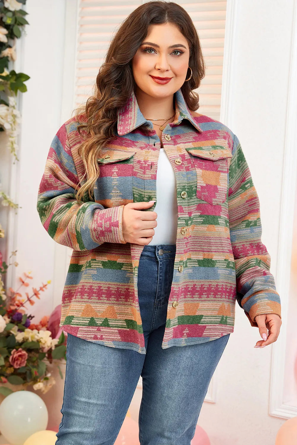 Plus Size Pocketed Printed Collared Neck Jacket 