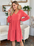 Double Take Full Size V-Neck Balloon Sleeve Tiered Dress with Pockets 