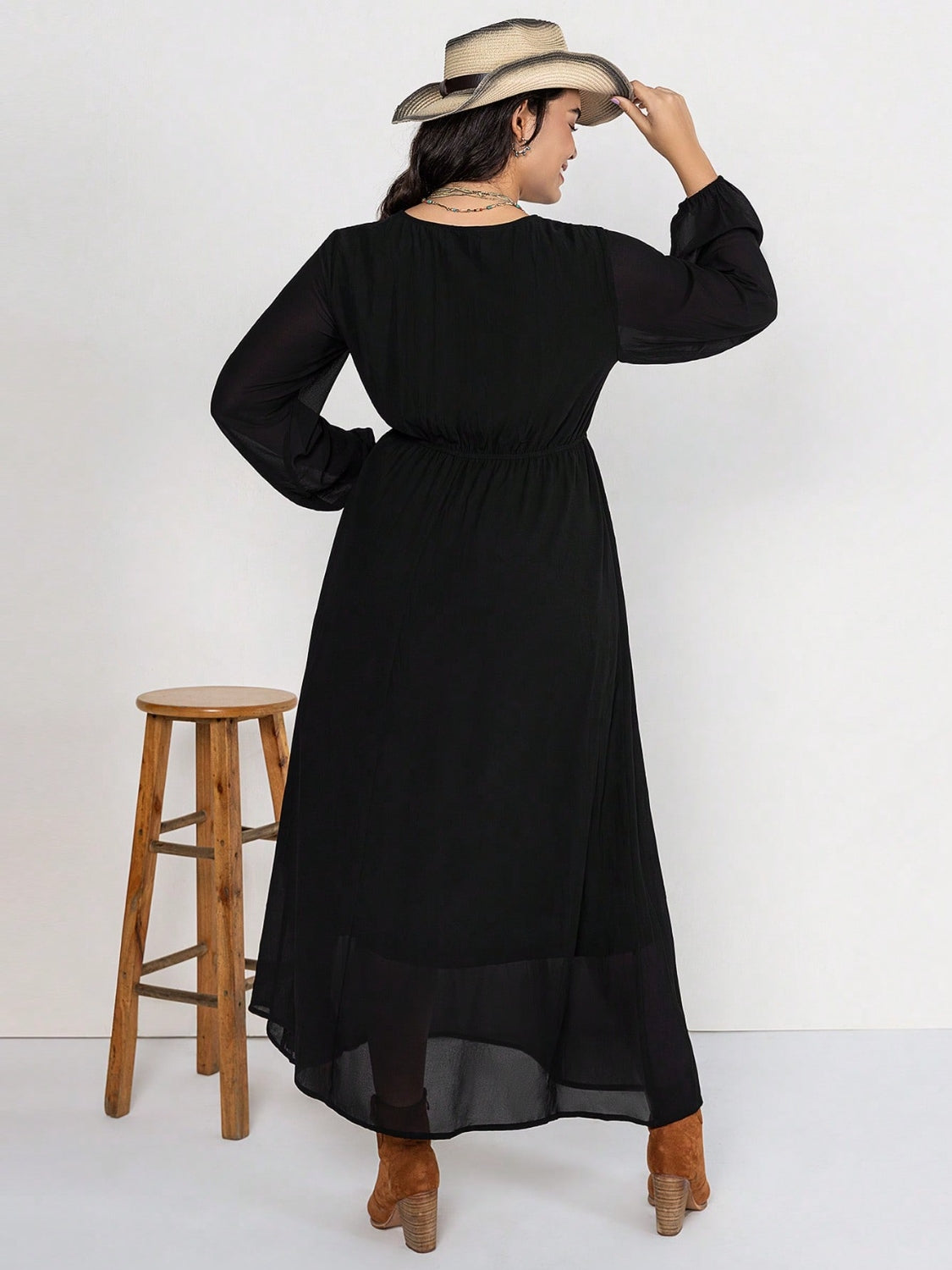 Plus Size Embroidered Tie Neck Long Sleeve Dress 