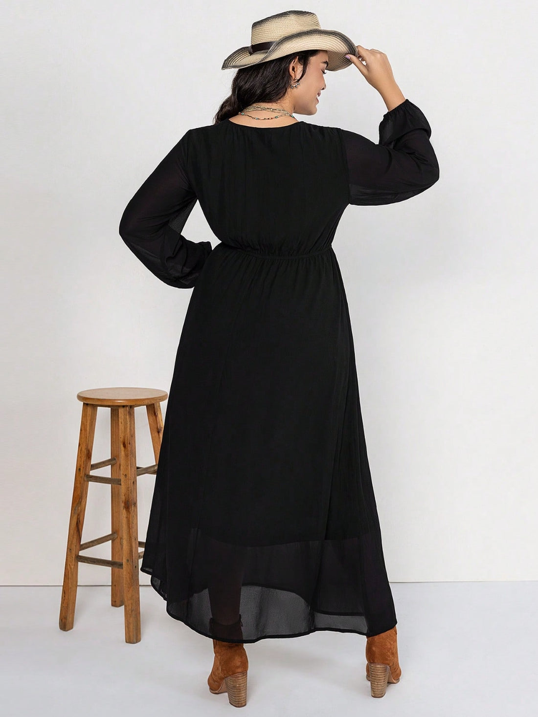 Plus Size Embroidered Tie Neck Long Sleeve Dress 