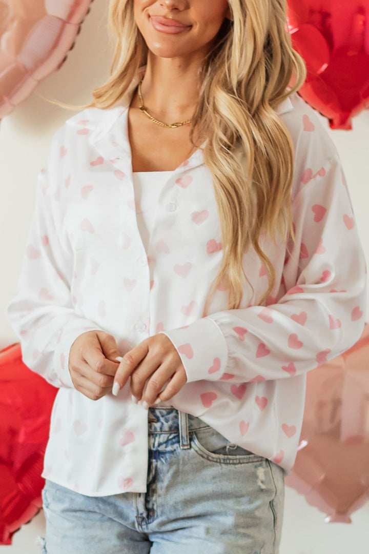 Heart Print Collared Neck Long Sleeve Shirt 