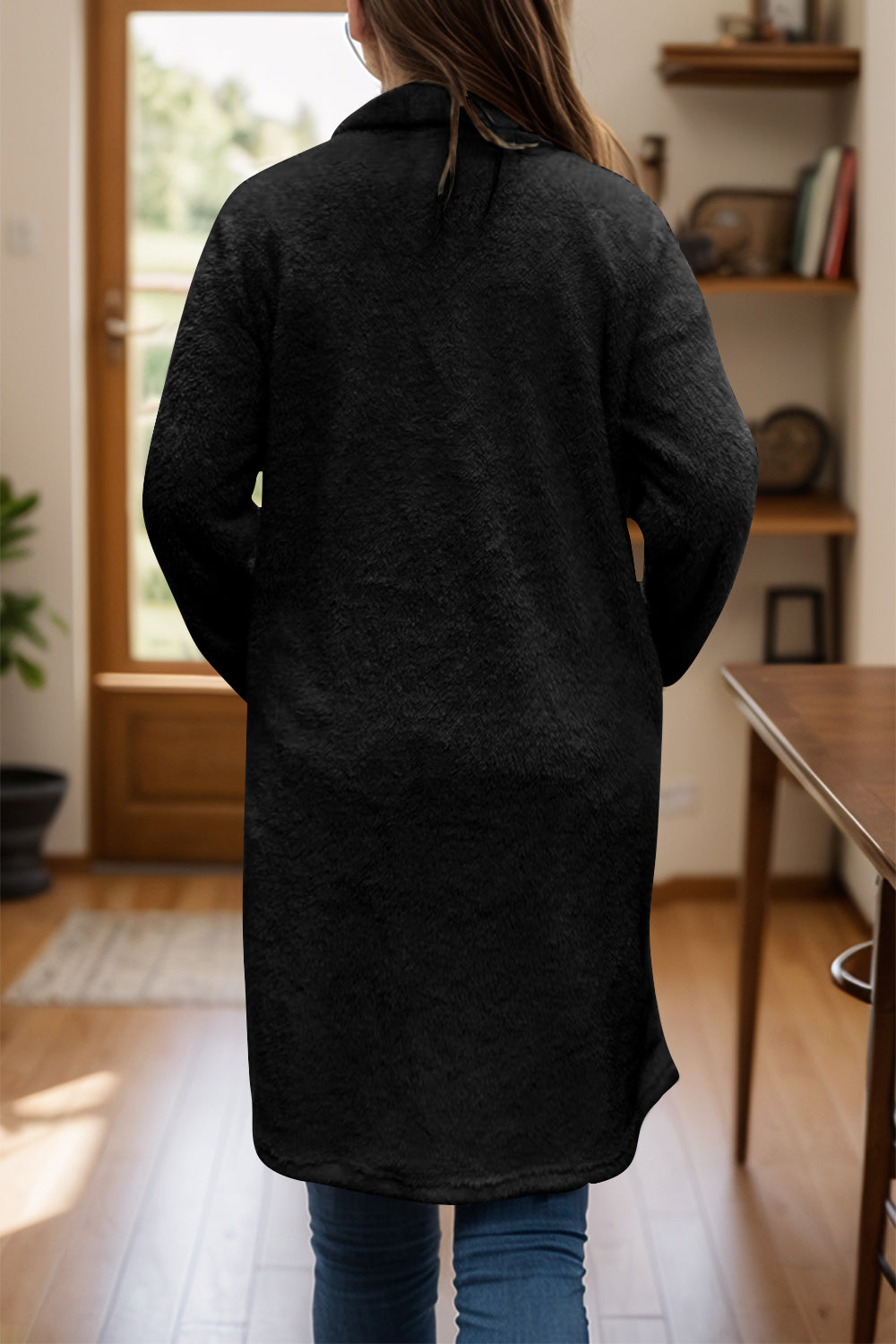 Full Size One Button Long Sleeve Longline Plush Coat 