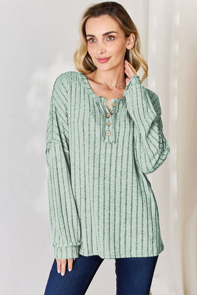 Basic Bae Full Size Ribbed Half Button Long Sleeve T-Shirt 