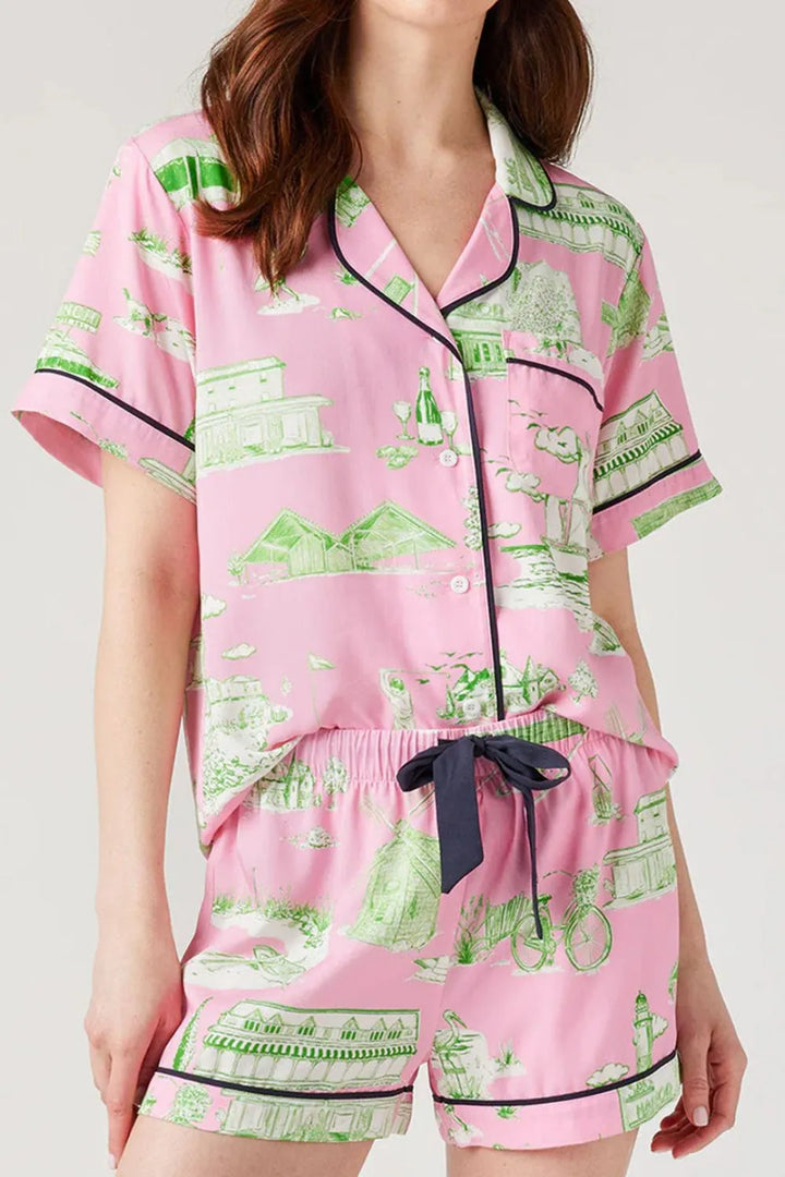 Collared Neck Printed Top and Drawstring Shorts Lounge Set Lingerie & Nightwear