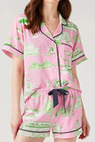 Collared Neck Printed Top and Drawstring Shorts Lounge Set Lingerie & Nightwear