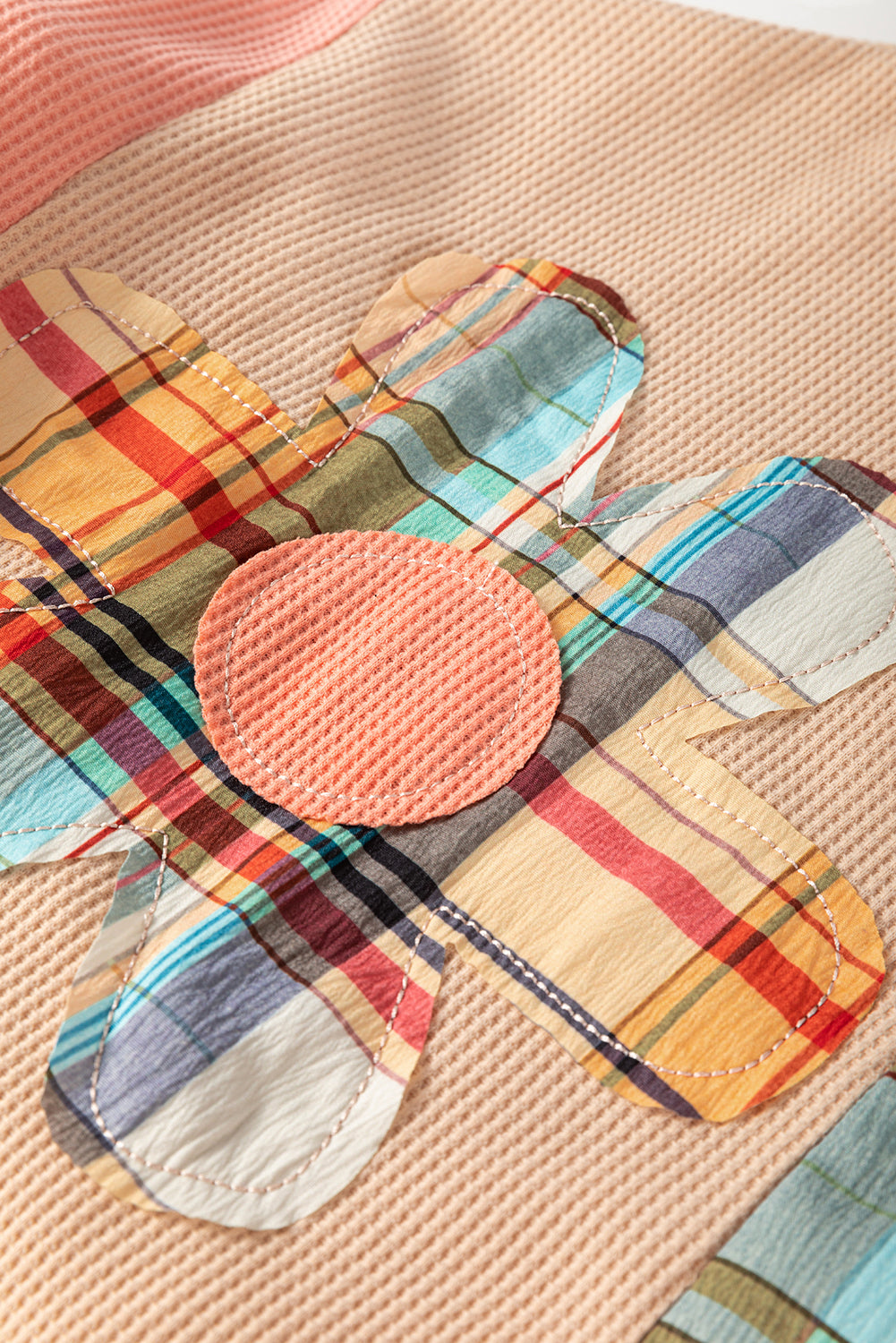 Multicolour Waffle Knit Plaid Patchwork Side Slits Loose Sweatshirt Tops/Sweatshirts & Hoodies