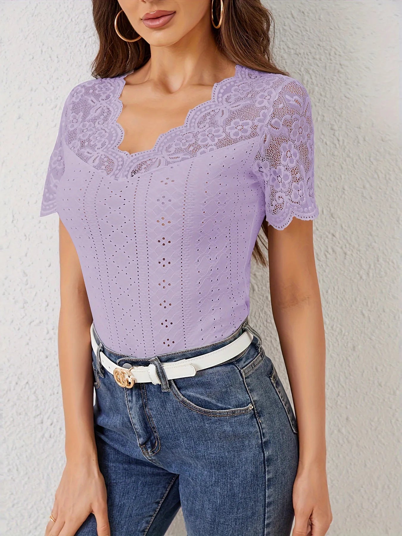 Lace Scalloped V-Neck Eyelet T-Shirt 