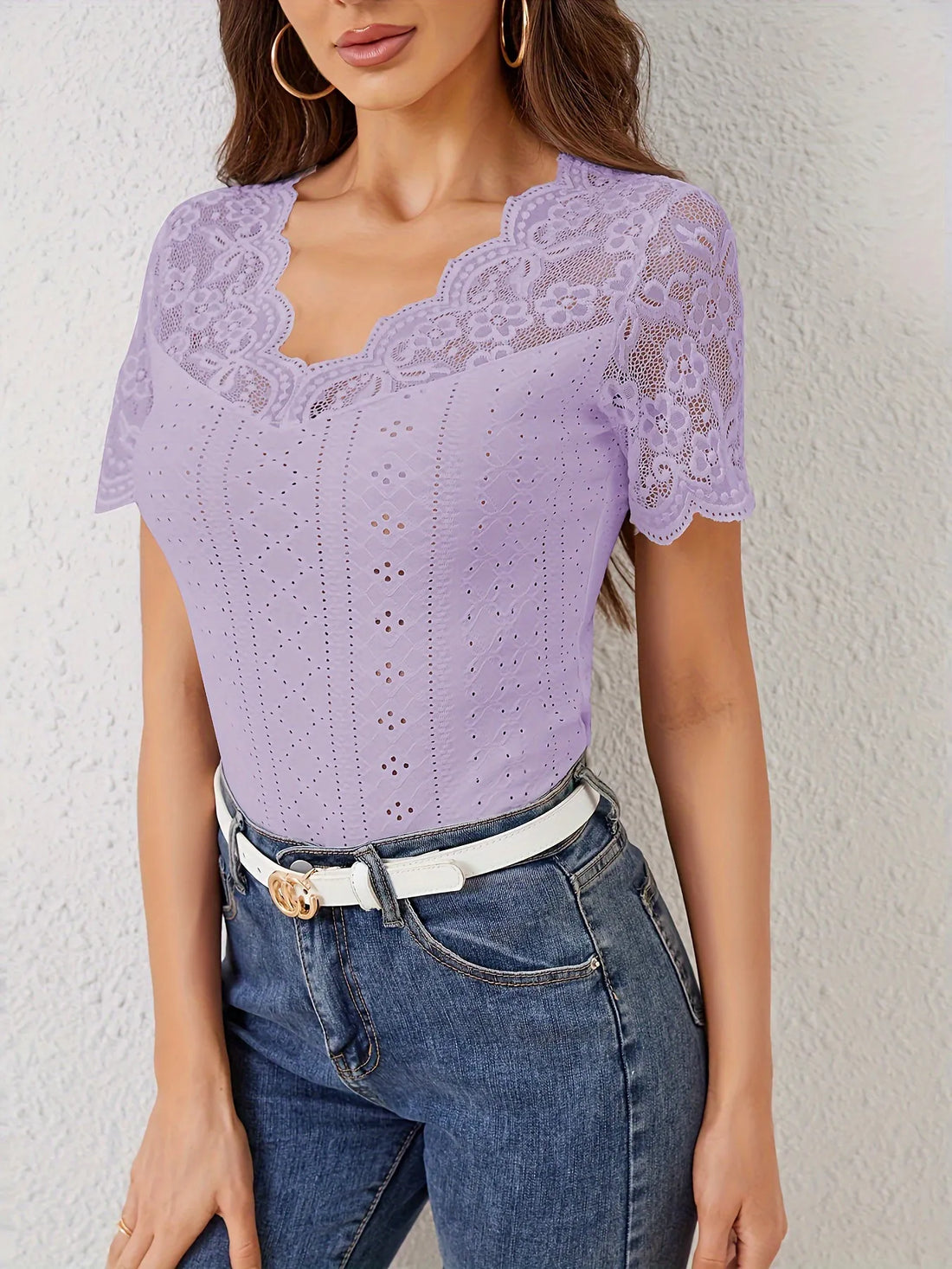 Lace Scalloped V-Neck Eyelet T-Shirt 
