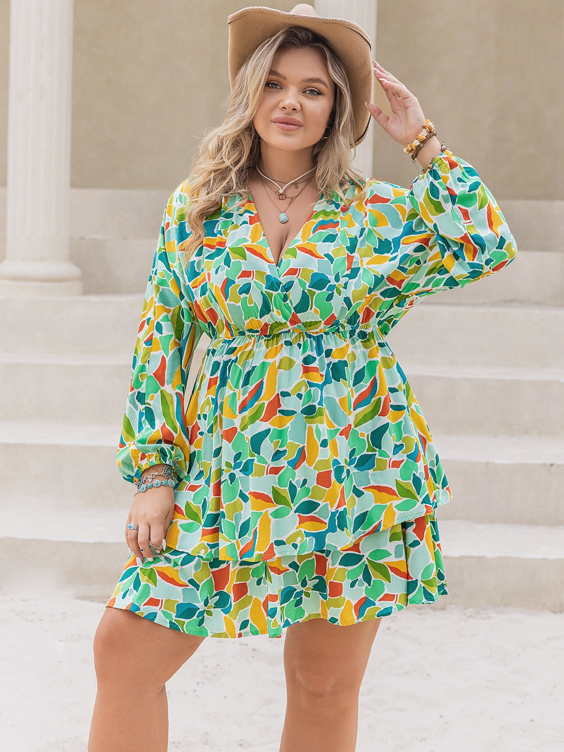 Plus Size Printed Surplice Long Sleeve Mini Dress 