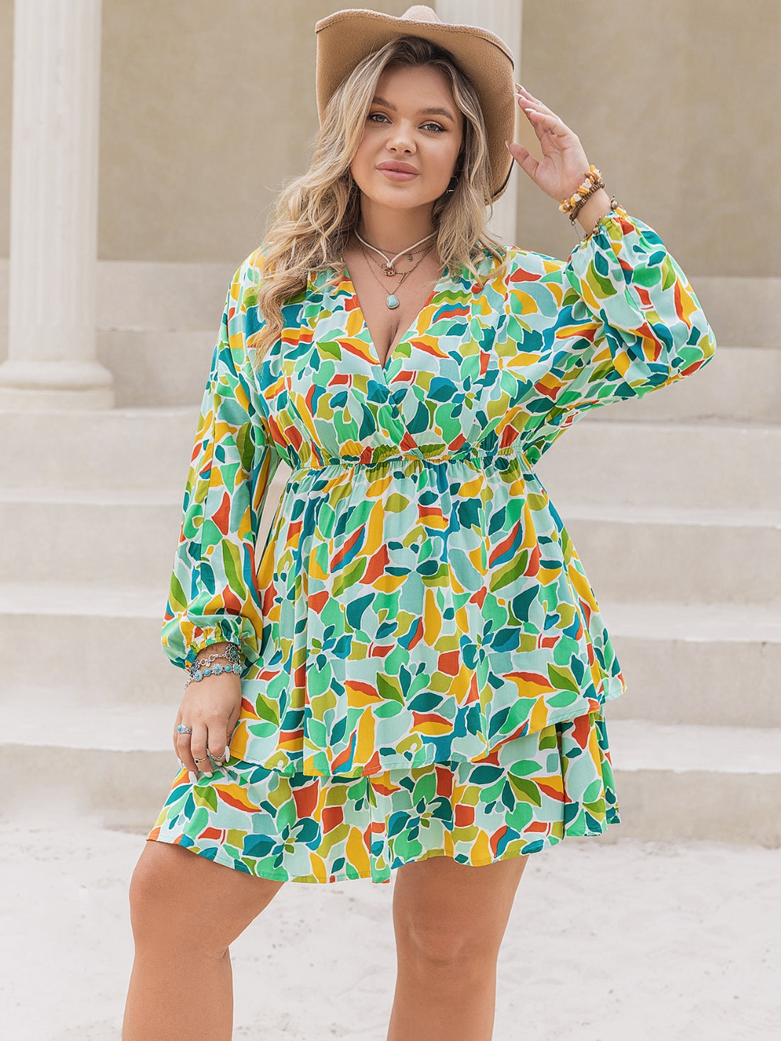 Plus Size Printed Surplice Long Sleeve Mini Dress 