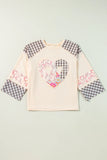Heart Plaid Round Neck Long Sleeve Blouse 