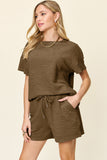 Double Take Full Size Texture Short Sleeve T-Shirt and Drawstring Shorts Set 