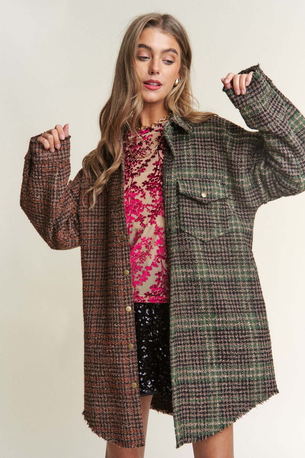 J.NNA Snap Down Tweed Plaid Contrast  Longline Shacket 