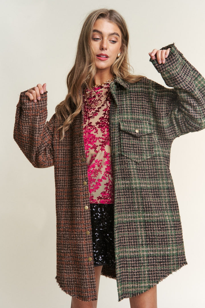 J.NNA Snap Down Tweed Plaid Contrast  Longline Shacket 