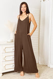 Double Take Full Size Soft Rayon Spaghetti Strap Tied Wide Leg Jumpsuit 