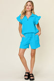Double Take Full Size Texture Flounce Sleeve Top and Drawstring Shorts Set 