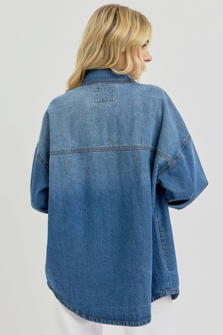 RISEN Full Size Snap Down Long Sleeve Denim Shacket 
