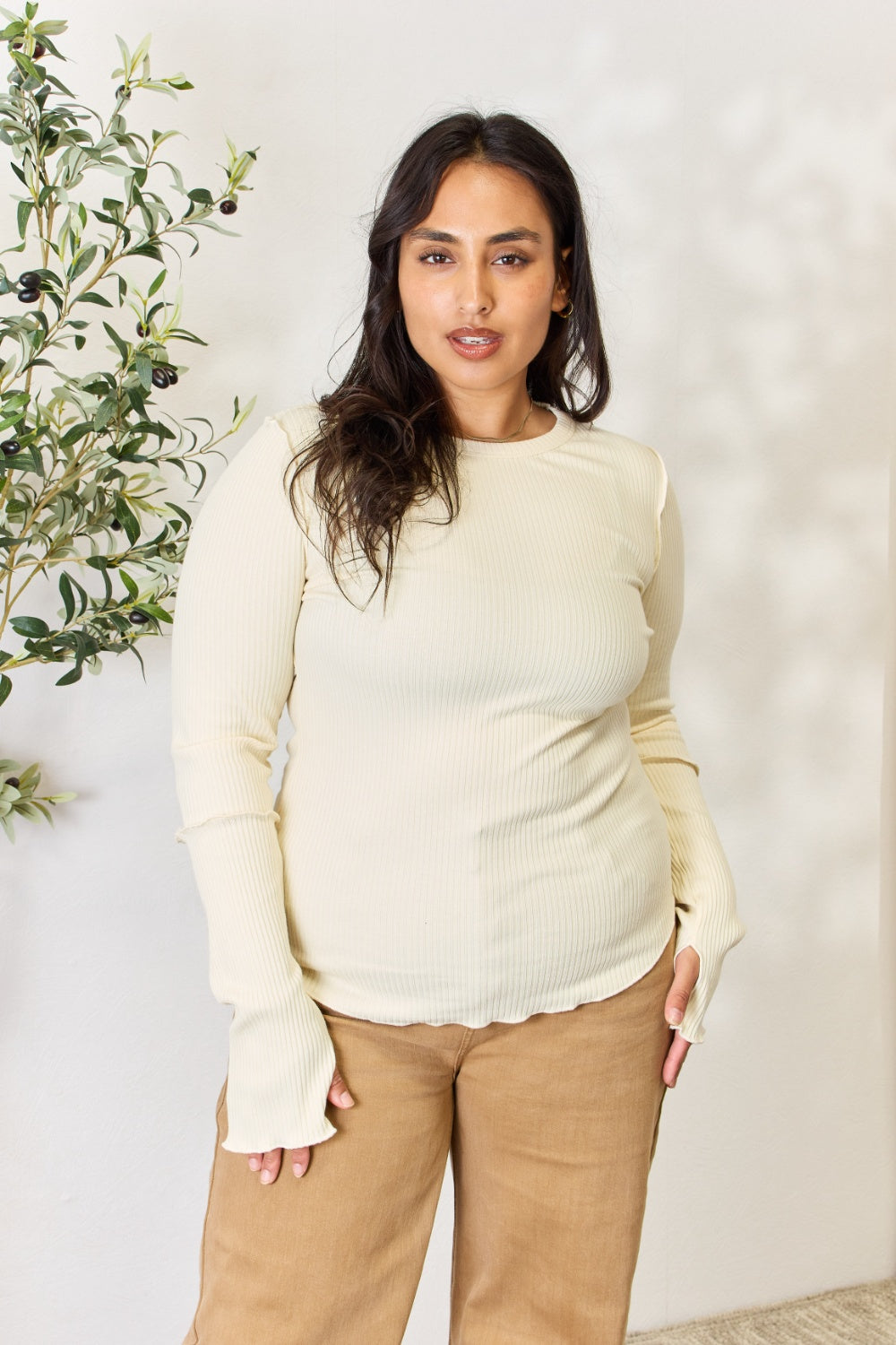 Culture Code Full Size Ribbed Round Neck Long Sleeve Top 