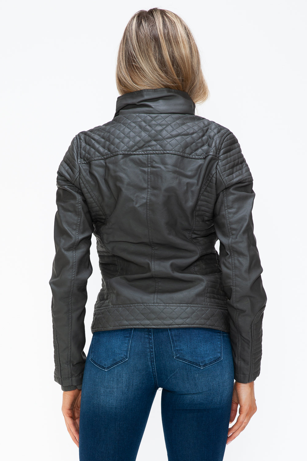 YMI Faux Layered Double-Zipper Jacket with Fuzzy Hood 
