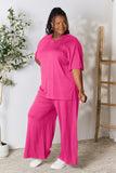 Double Take Full Size Round Neck Slit Top and Pants Set 