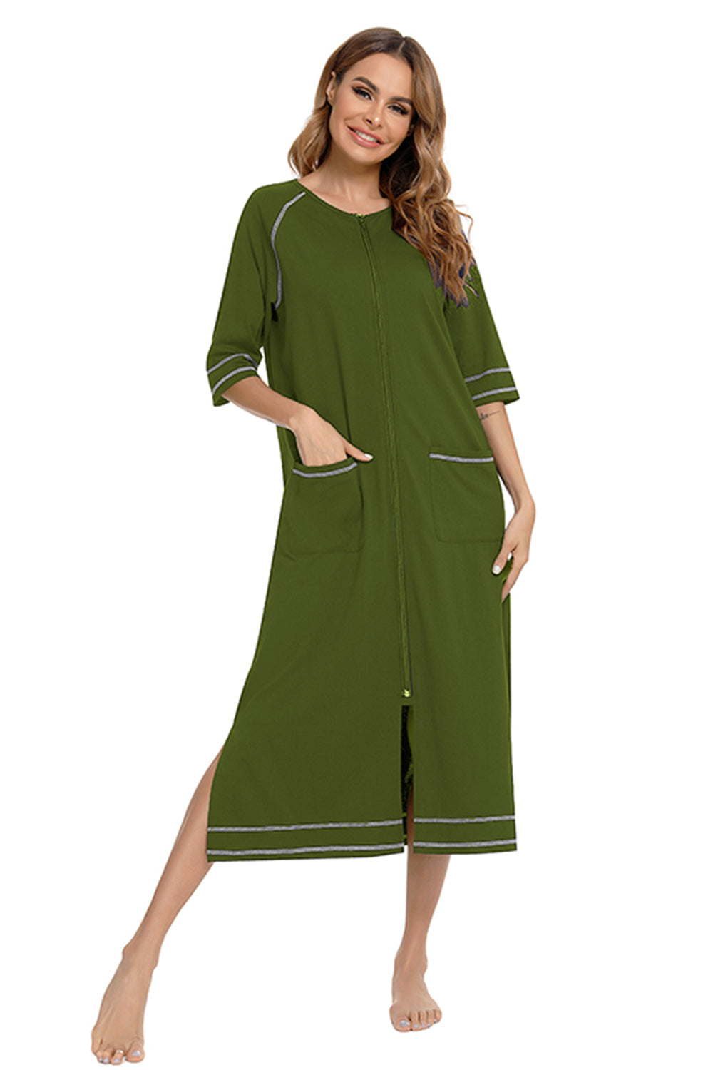 Zip Up Slit Round Neck Night Dress with Pockets 