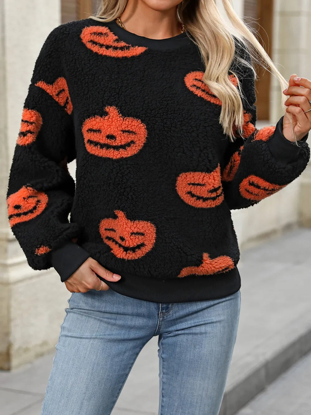 Fuzzy Pumpkin Round Neck Dropped Shoulder Sweater 