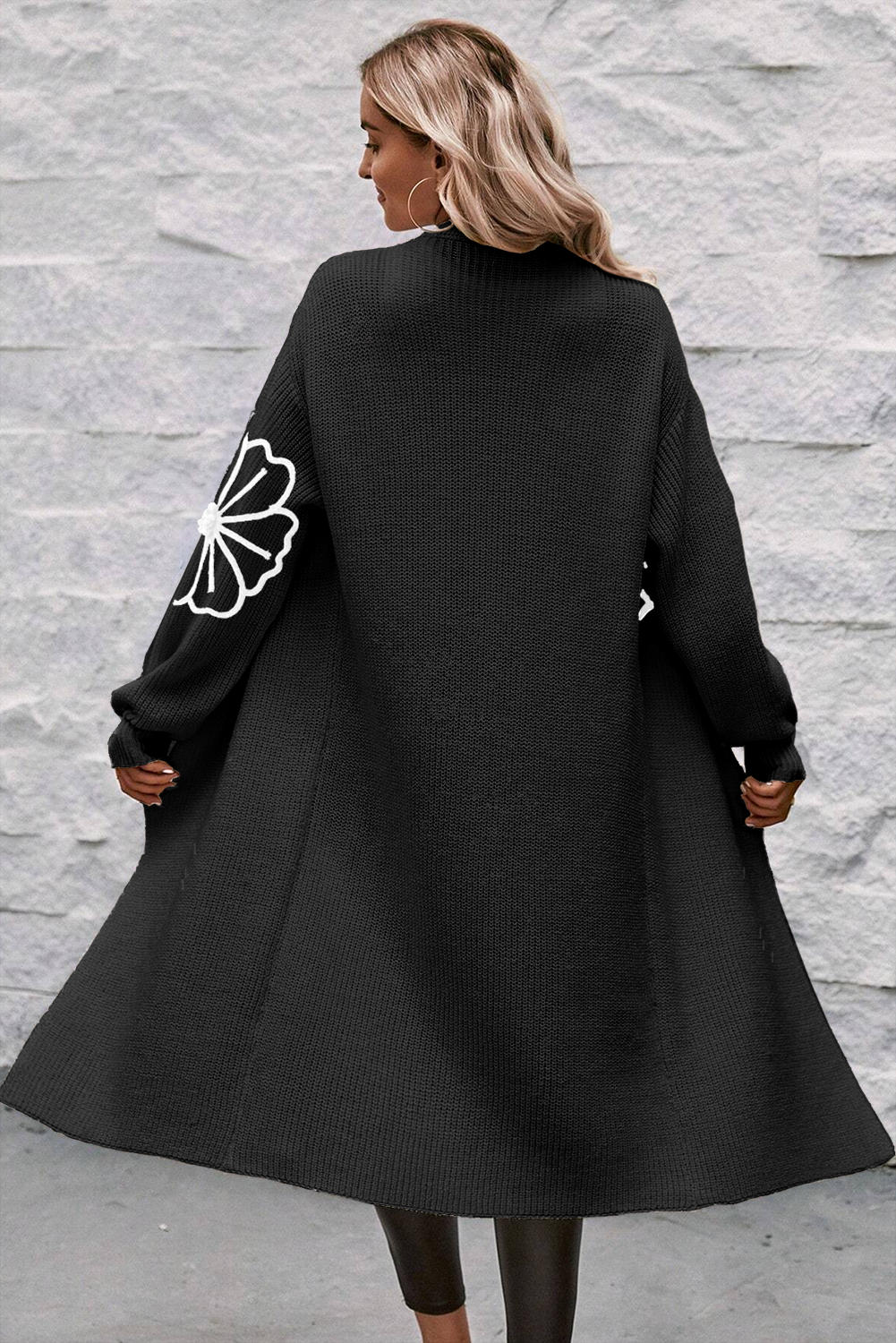 Black Flower Embroidered Drop Shoulder Open Front Duster Cardigan Sweaters & Cardigans/Cardigans