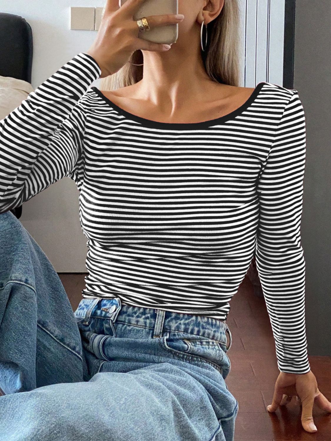 Devine Backless Striped Boat Neck Long Sleeve T-Shirt 