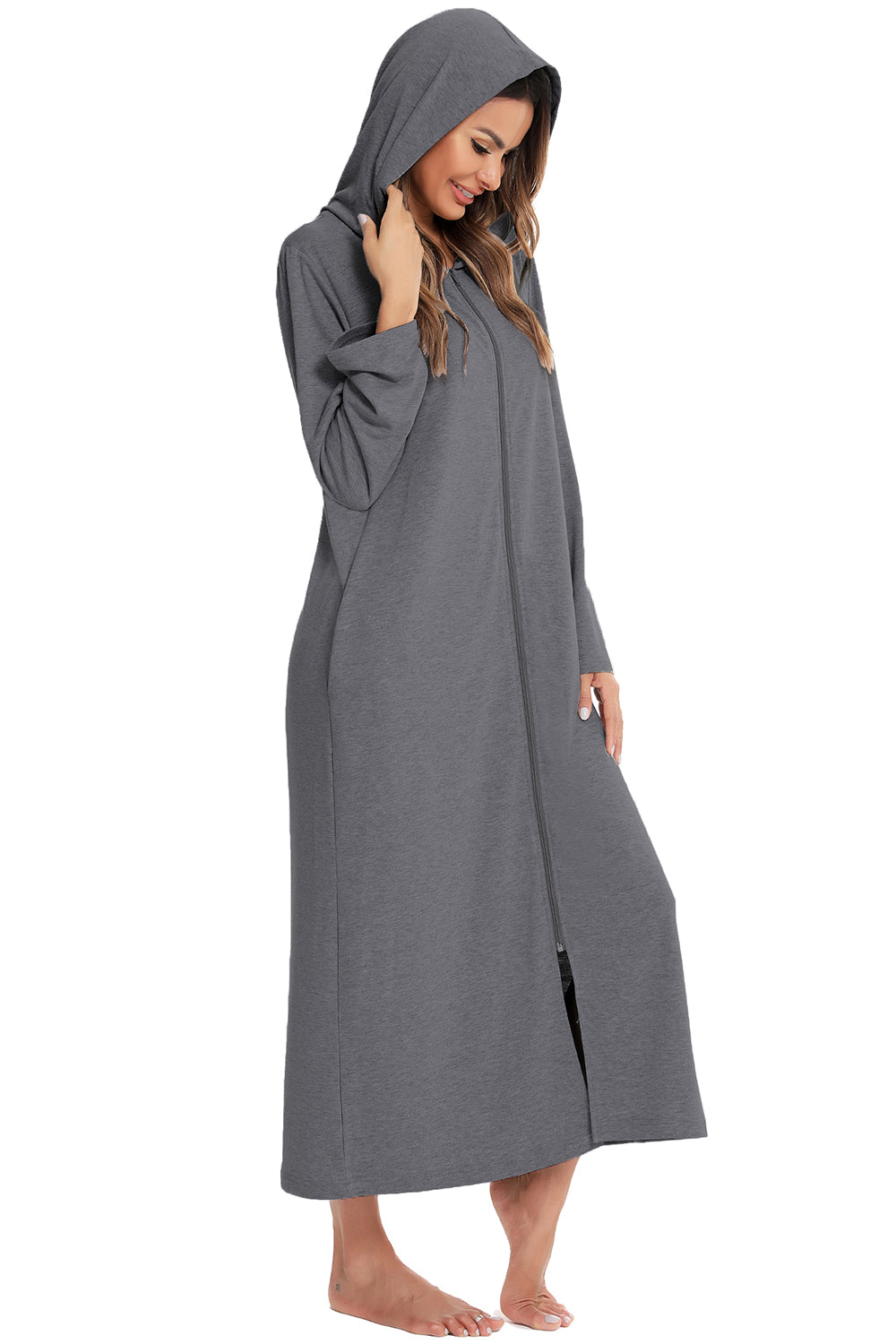 Zip Front Hooded Night Dress with Pockets 