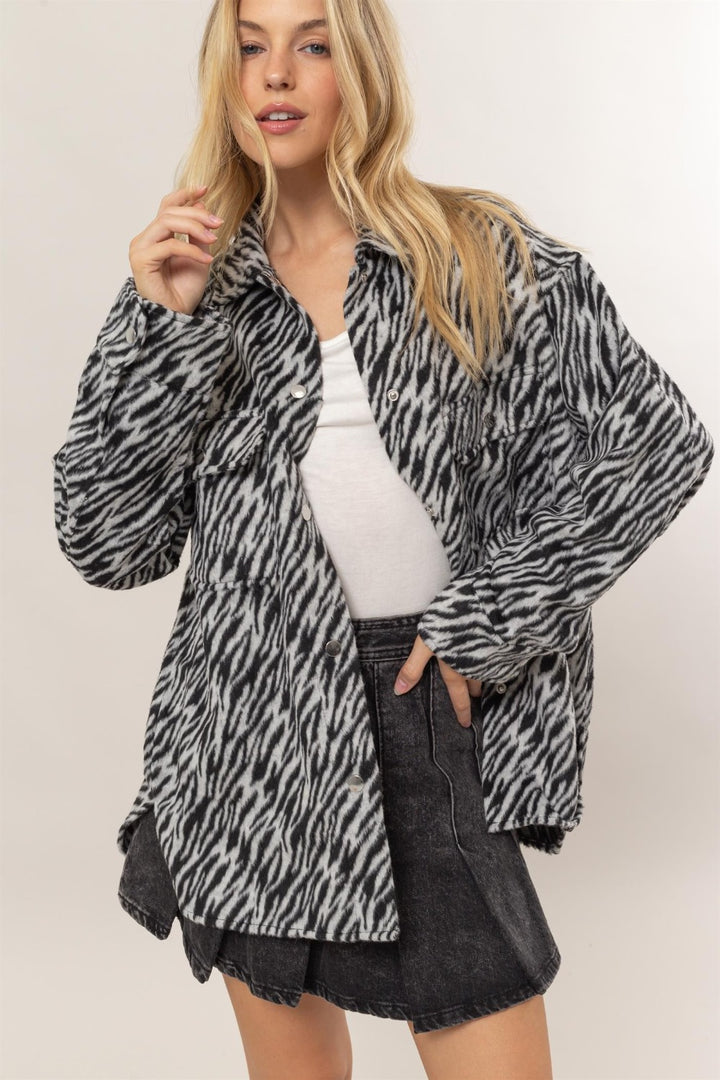 HYFVE Zebra Print Snap Down Long Sleeve Shacket 