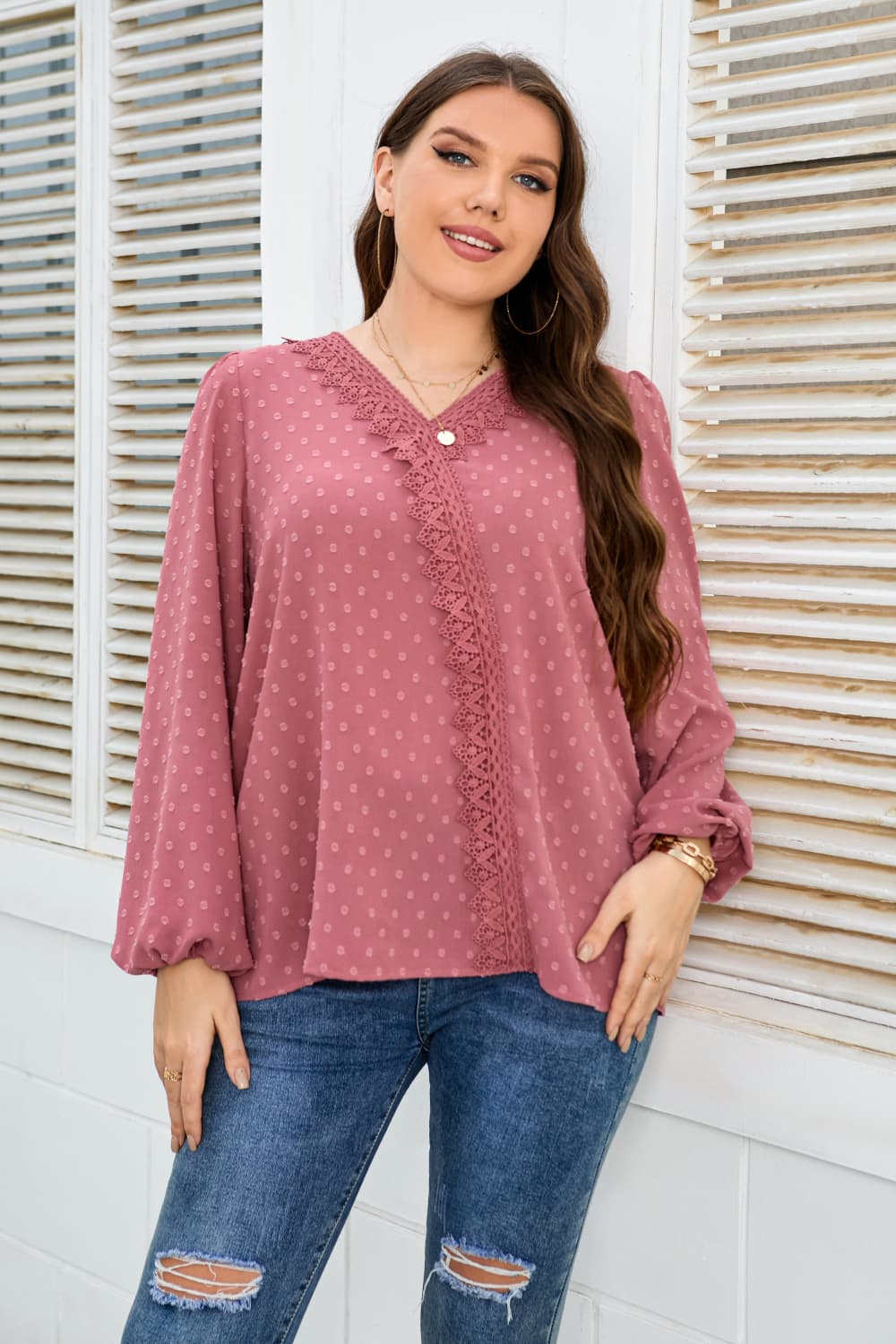 Honey Melo Apparel Plus Size Lace Trim V-Neck Balloon Sleeve Blouse 