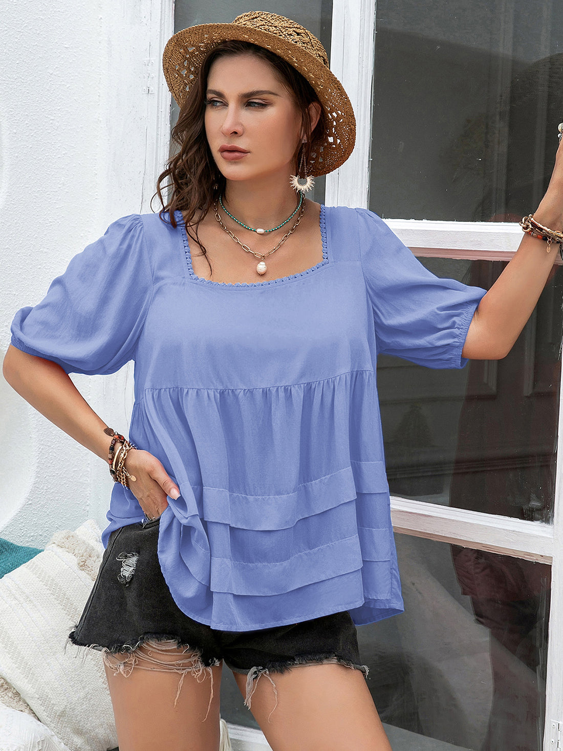 Plus Size Square Neck Half Sleeve Blouse 