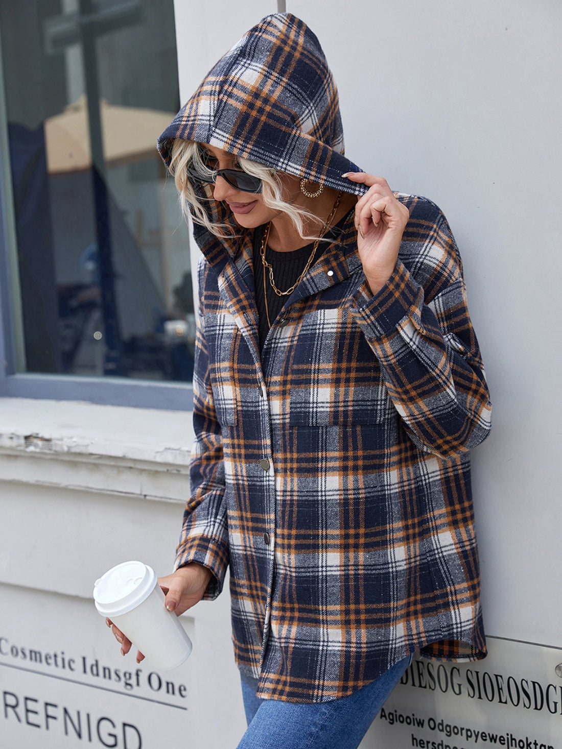 Ivy Lane Plaid Button Up Long Sleeve Hooded Jacket 