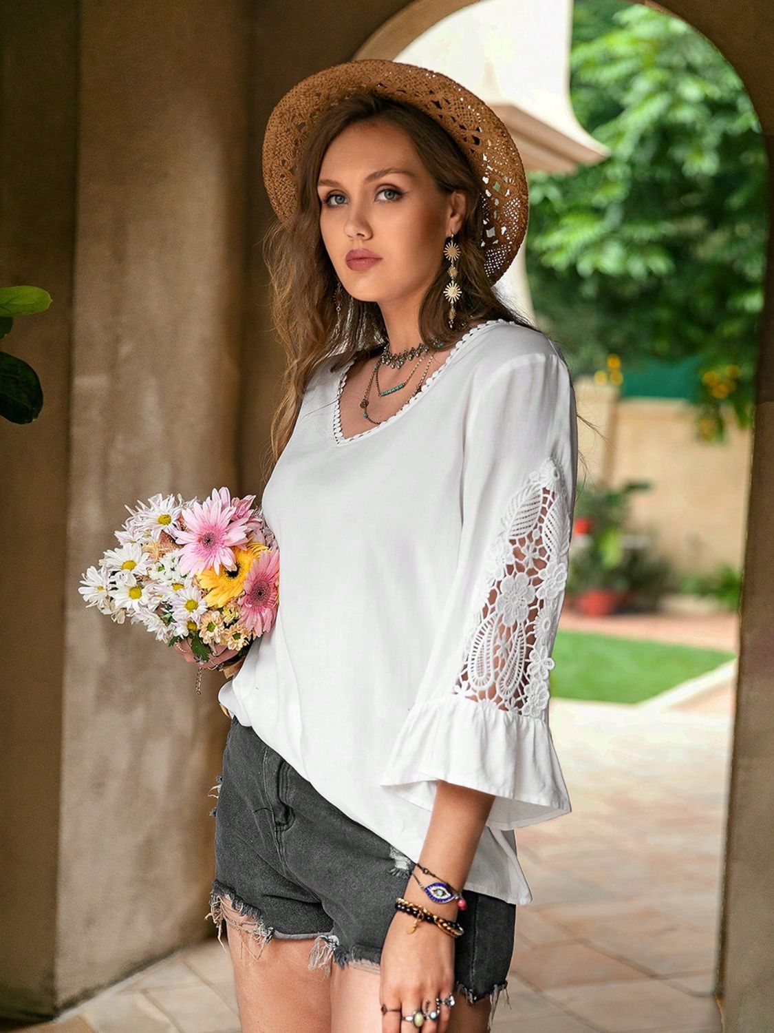 Plus Size Lace Detail V-Neck Three-Quarter Sleeve Blouse 
