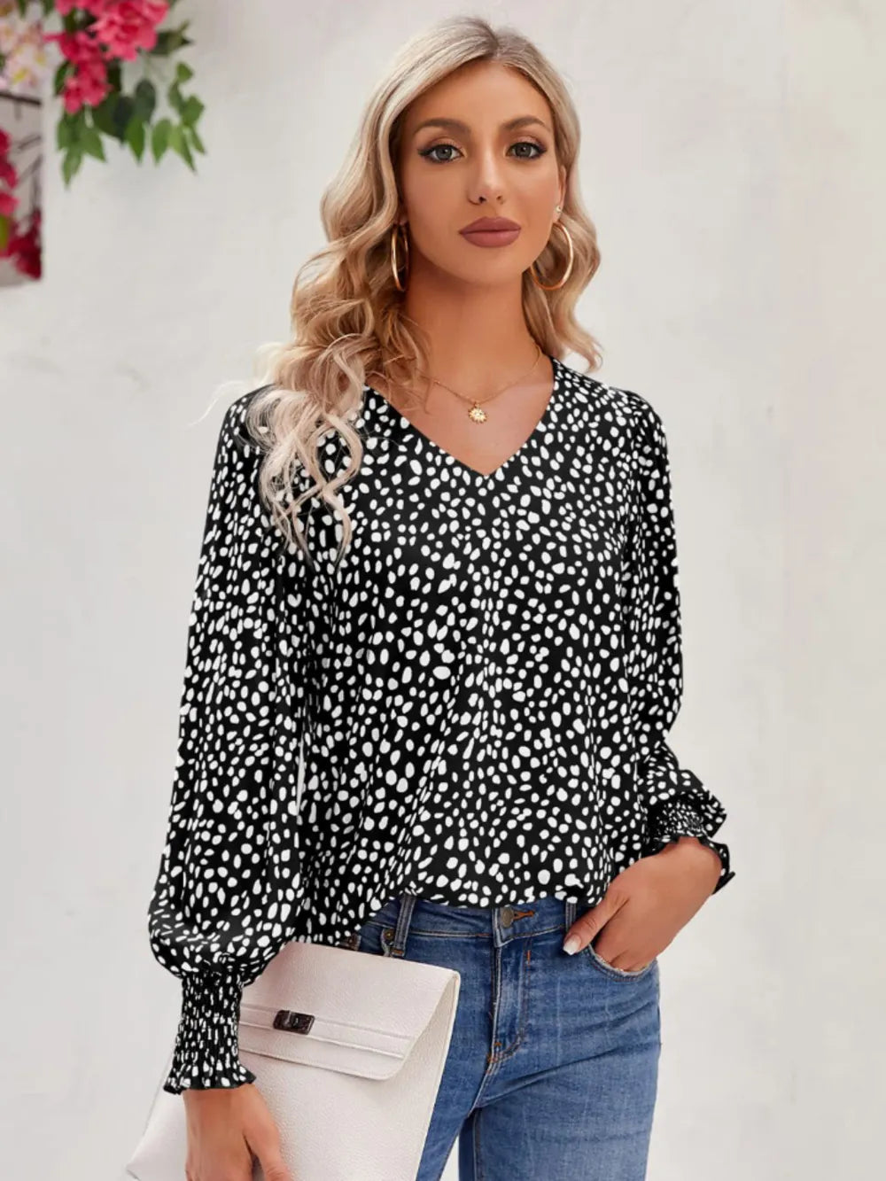 Printed V-Neck Lantern Sleeve Blouse 