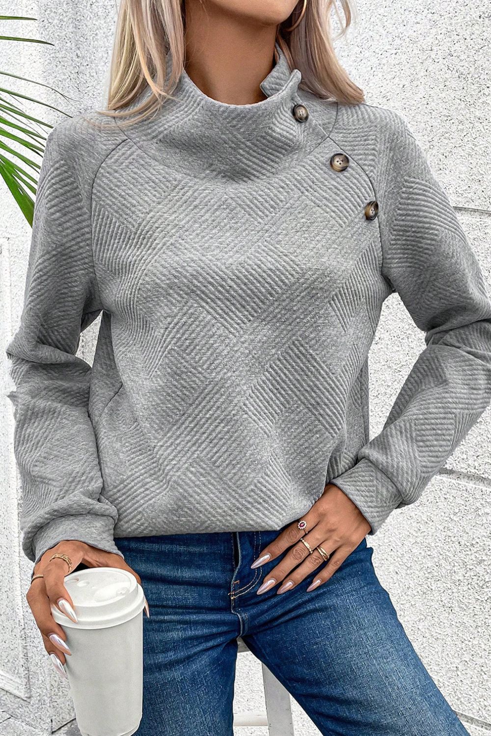 Textured Turtleneck Long Sleeve Sweatshirt 