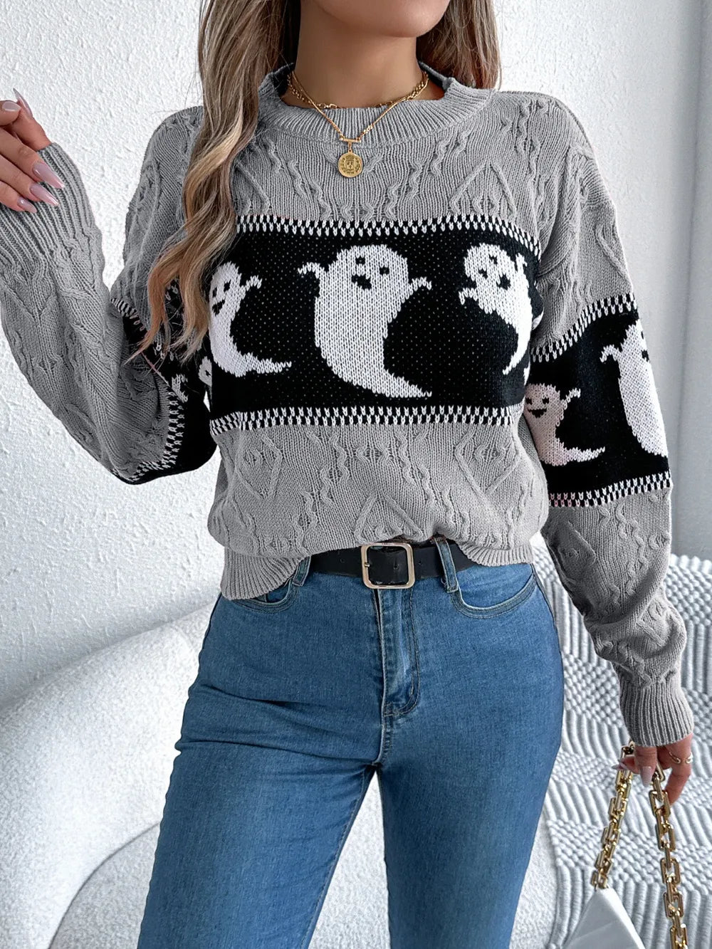 Ghost Round Neck Long Sleeve Sweater 