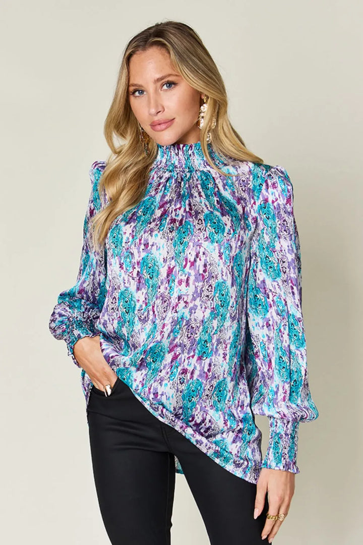 Double Take Full Size Printed Smocked Long Sleeve Blouse 