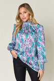 Double Take Full Size Printed Smocked Long Sleeve Blouse 