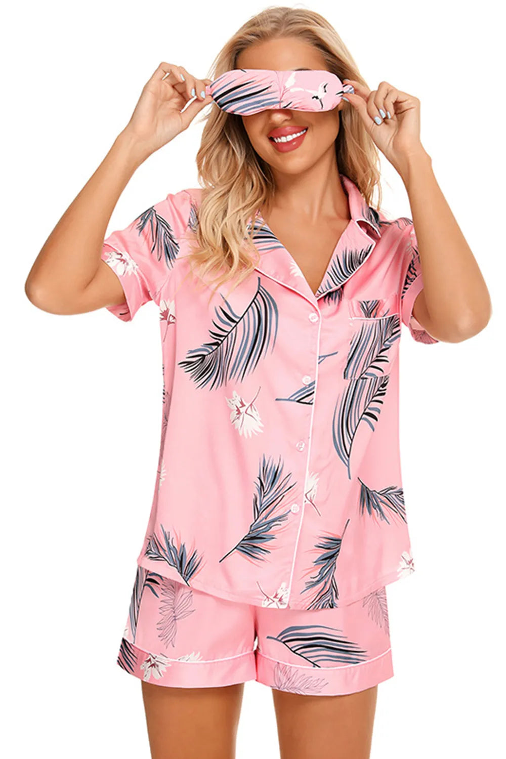 Printed Button Up Short Sleeve Top and Shorts Lounge Set Lingerie & Nightwear
