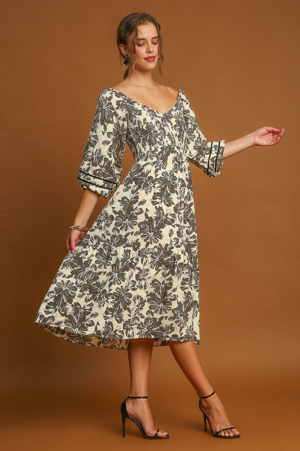 Umgee Ruffle Hem Flower Printed V-Neck Dress 