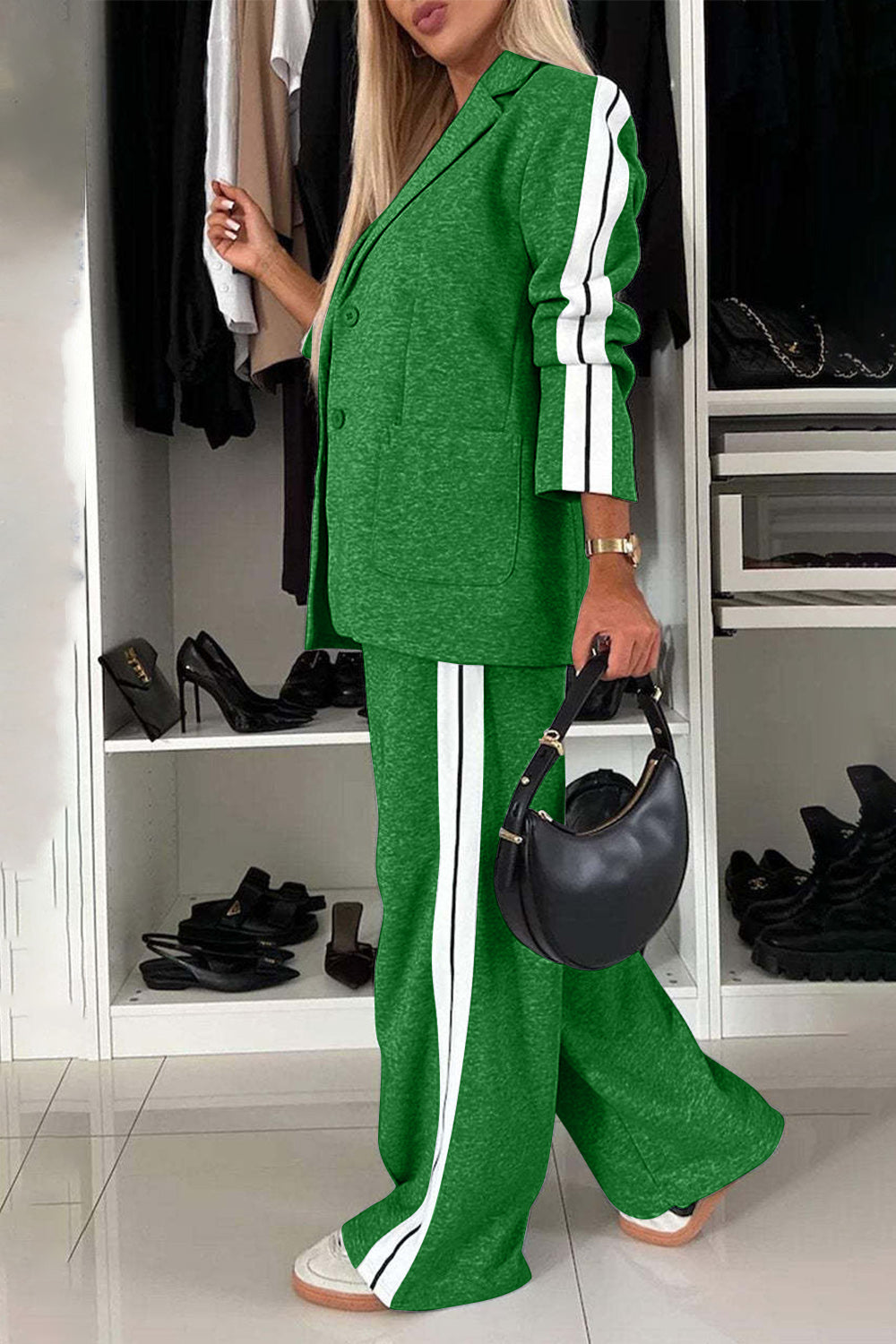 Full Size Contrast Lapel Collar Top and Pants Set 