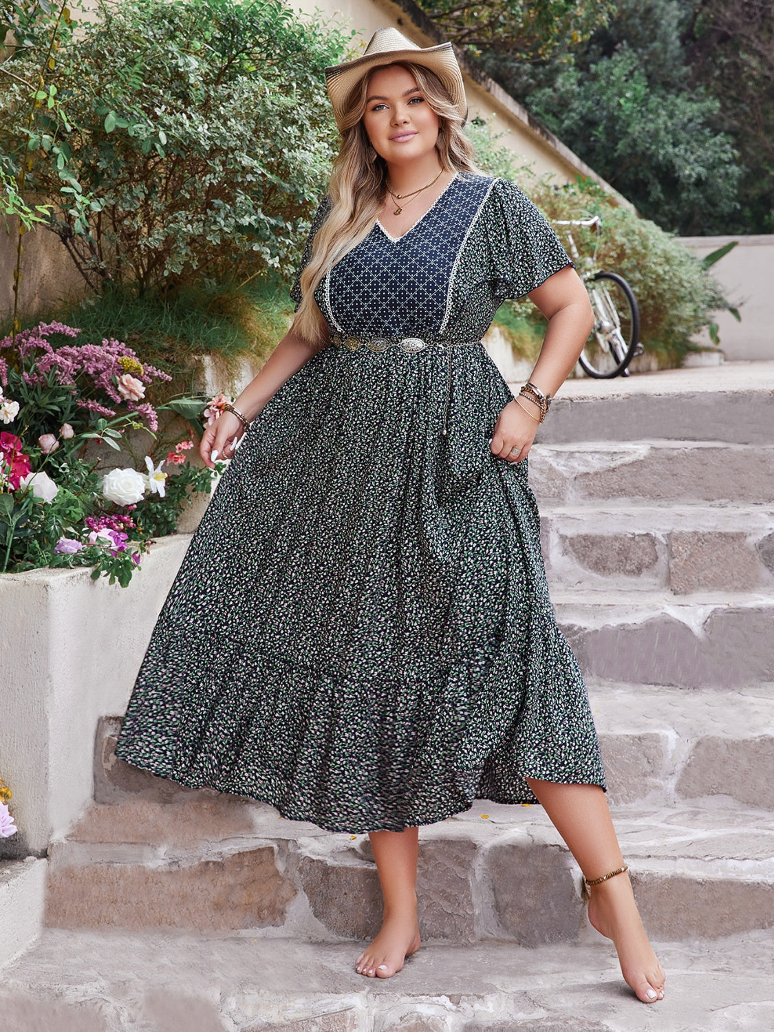 Plus Size Printed V-Neck Flutter Sleeve Midi Dress 