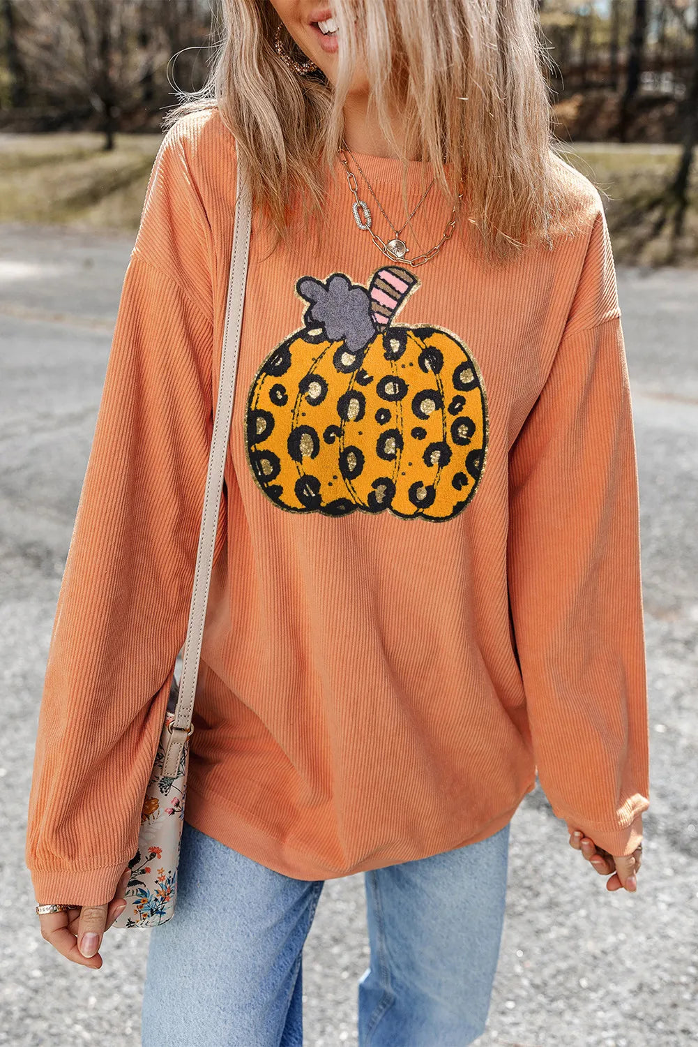 Pumpkin Round Neck Long Sleeve Sweatshirt 