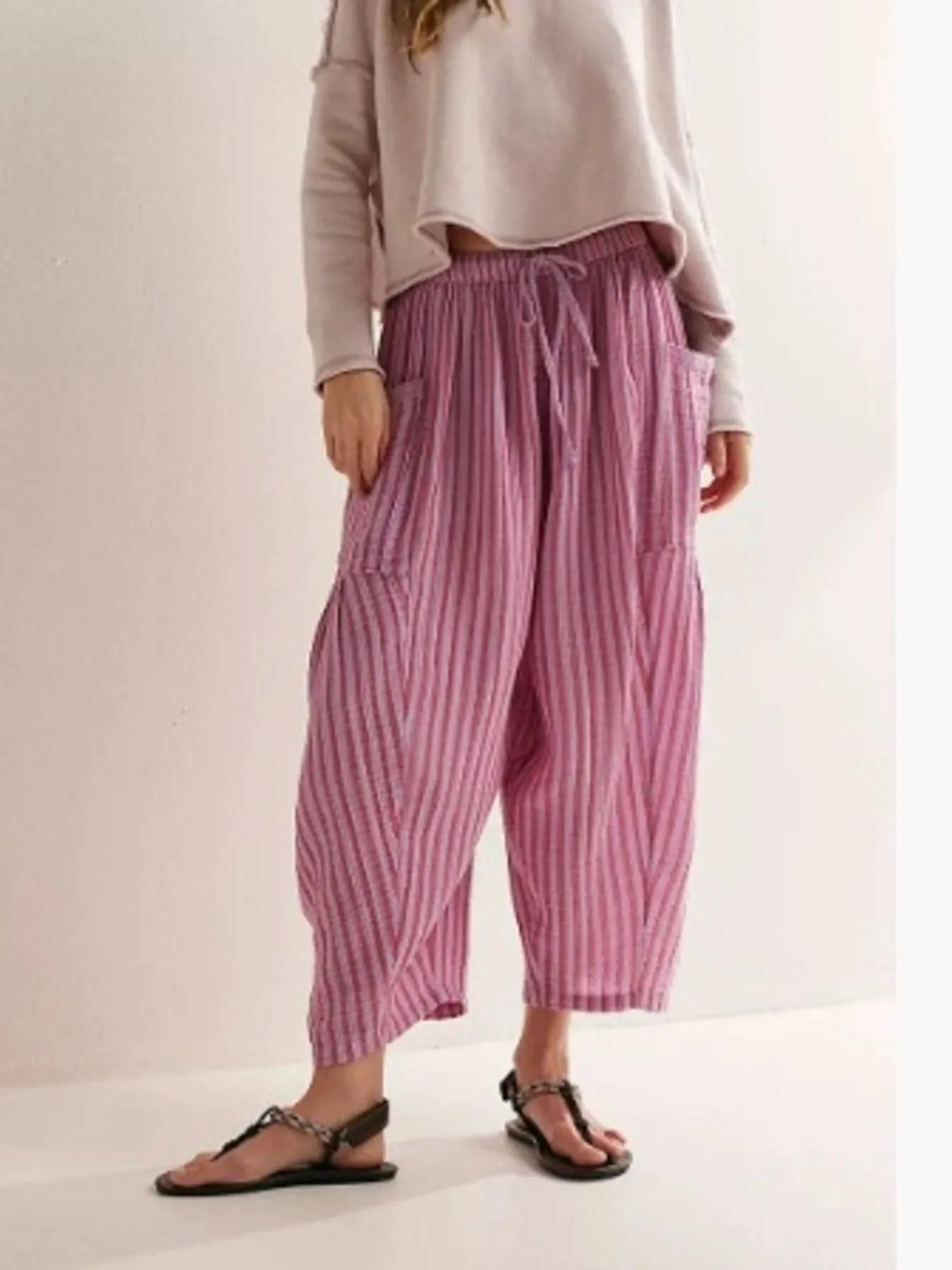 Full Size Striped Wide Leg Casual Pants Plus Size 