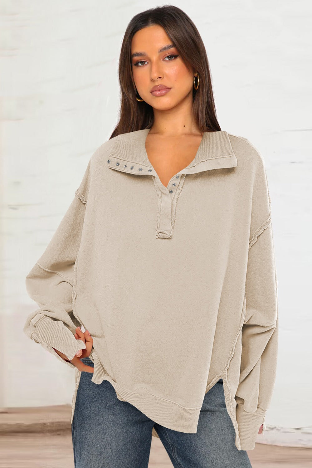 Exposed Seam Side Slit Long Sleeve Sweatshirt 